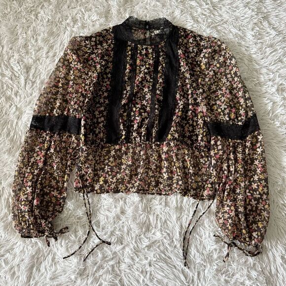TOPSHOP Black Floral and Lace Long Sleeve Boho Flower Child Blouse Size 8 - Picture 7 of 8